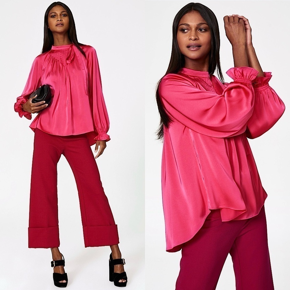 ADAM LIPPES 70s Fuchsia Satin Puff‎ Long Sleeve Ruffle Cuff Pleat Tie Neck Top 4